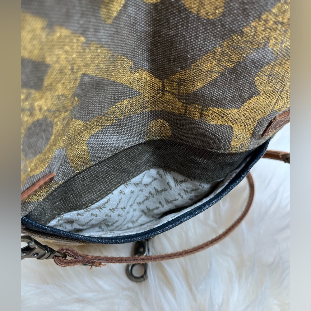 Mona B. Up cycled Coated Canvas Crossbody w Vegan Leather Metallic Gold Design - Picture 9 of 17